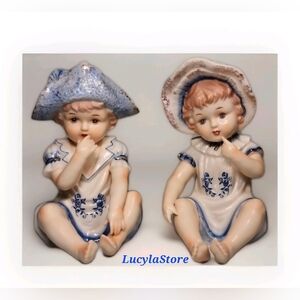 Vintage KPM Porcelain Figurine Pair Blue White Piano Baby Girl And Boy Germany